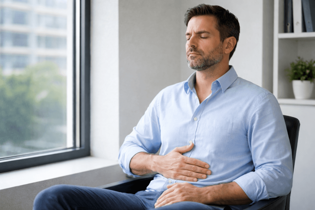 Práctica de respiración tranquila junto a la ventana.
